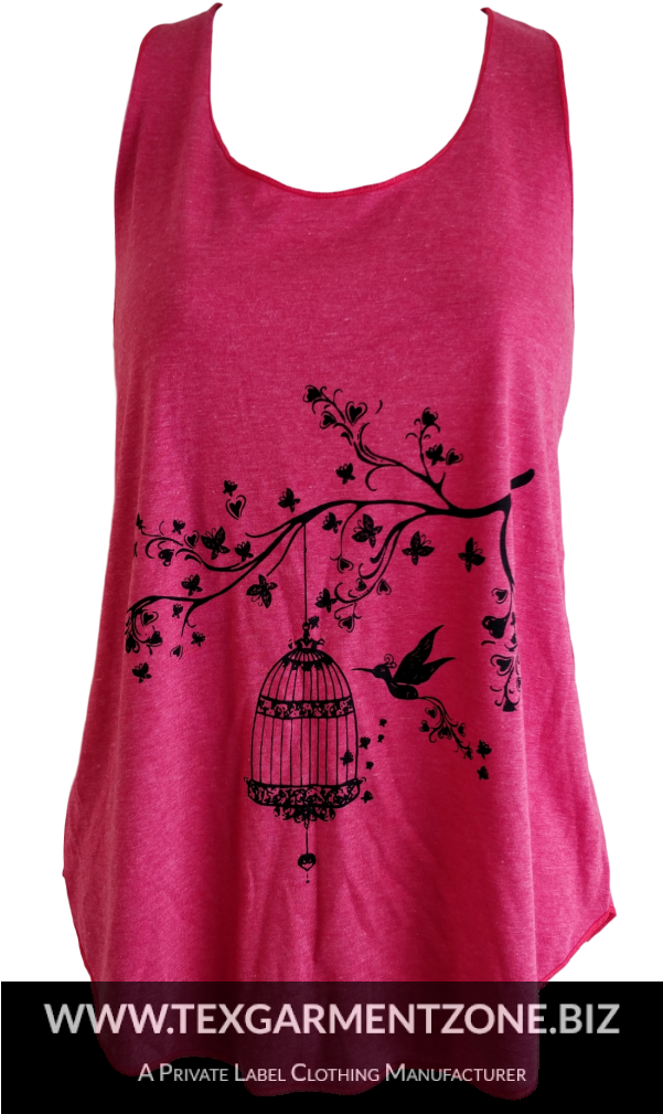 Pink Sleeveless Top Floral Bird Design PNG Image