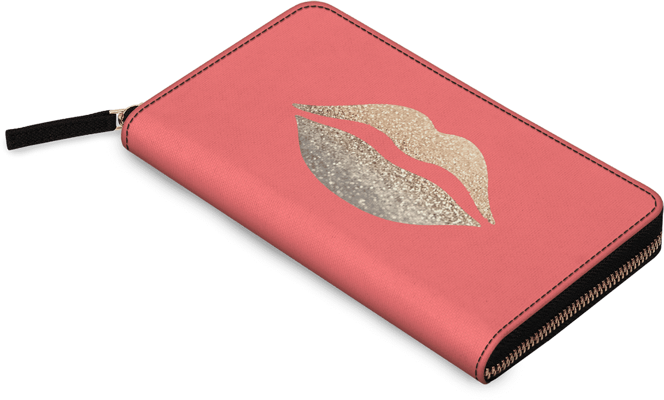 Pink Zippered Walletwith Glitter Lips Design PNG Image