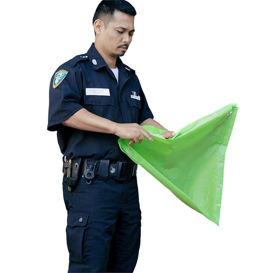 Police Officer Examining Green Bag PNG Image