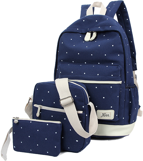 Polka Dot Navy Blue School Bag Set PNG Image