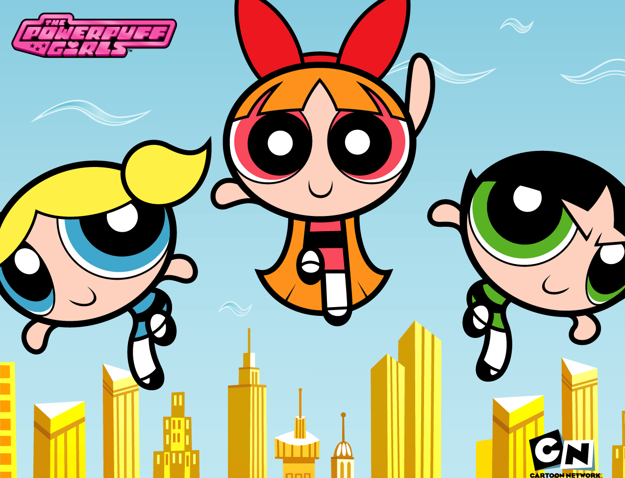 Powerpuff Girls Flying Over City PNG Image