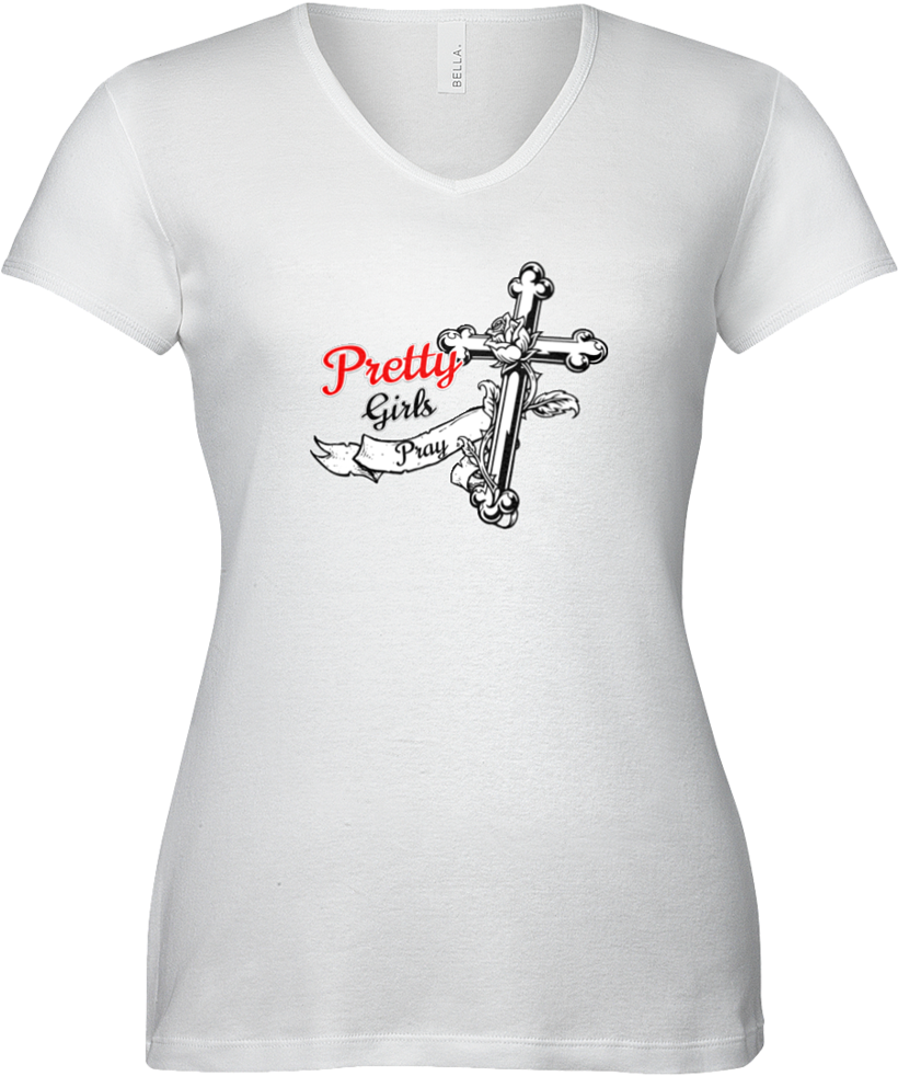 Pretty Girls Pray White T Shirt With Cross Design PNG Image