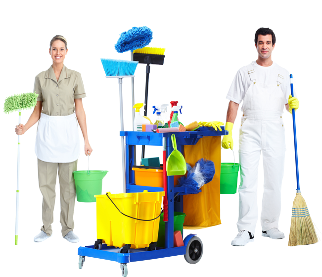 Professional Cleaning Team With Equipment PNG Image