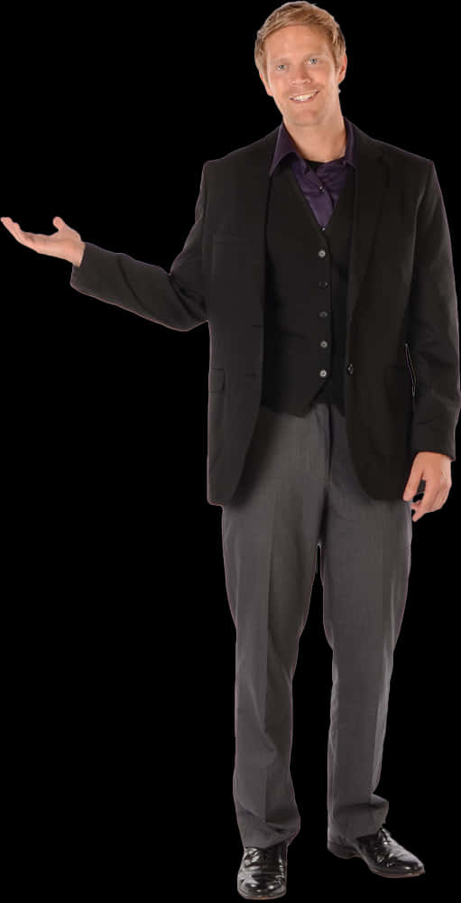 Professional Man Presenting Black Background PNG Image