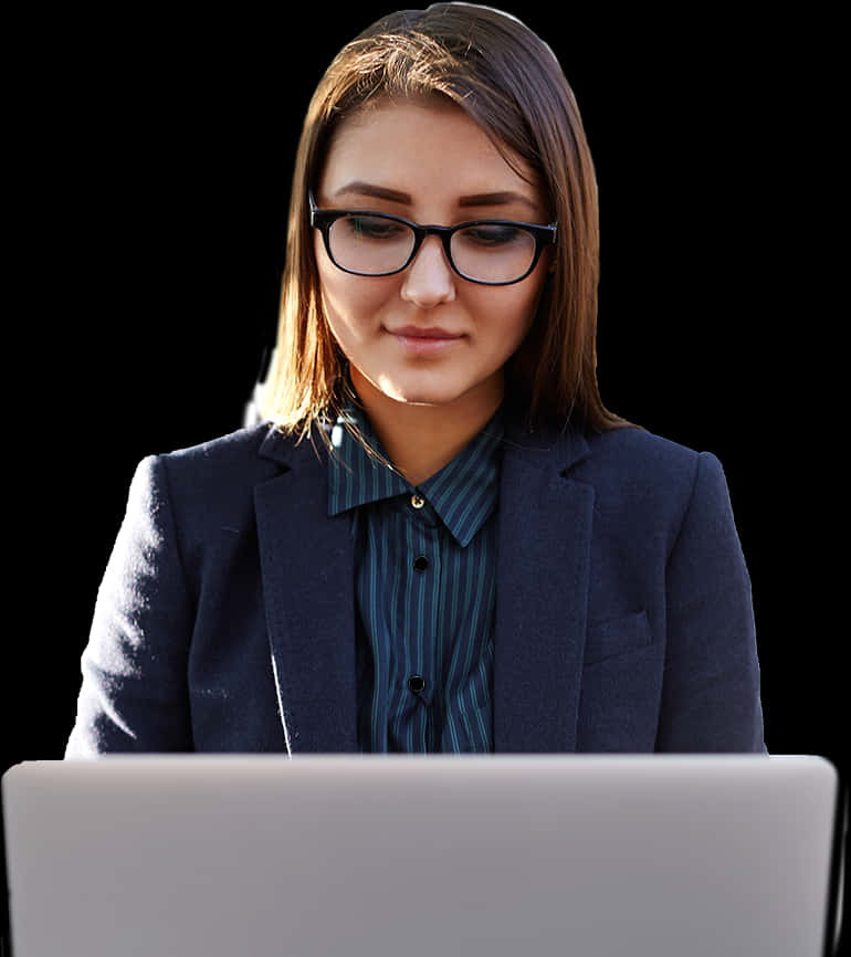 Professional Woman Using Laptop PNG Image