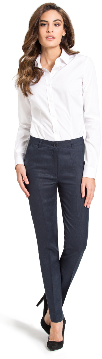 Professional Woman White Shirt Navy Trousers PNG Image