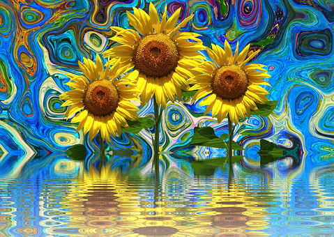 Psychedelic Sunflowers Reflection PNG Image