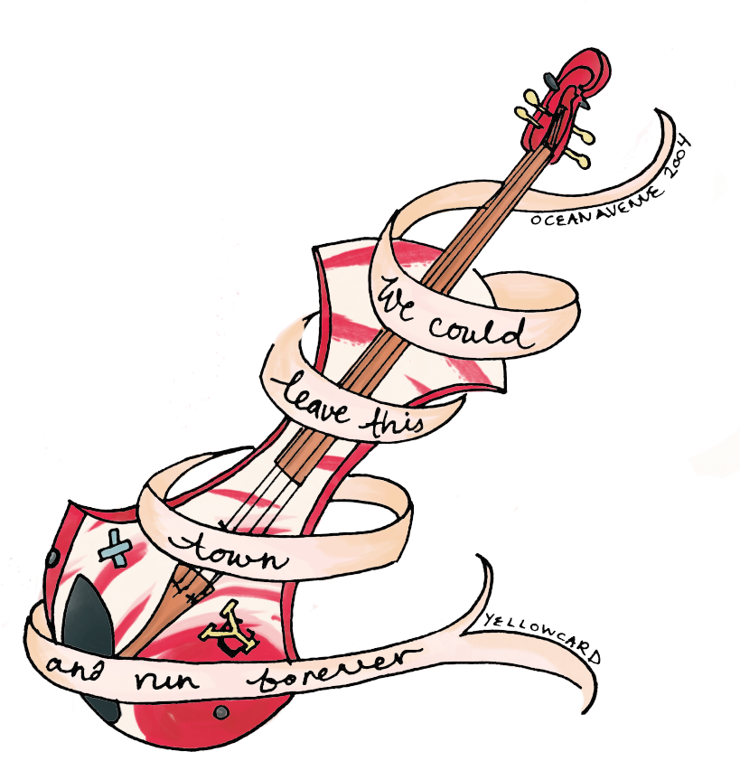 Punk Rock Escape Guitarand Ribbon Illustration PNG Image