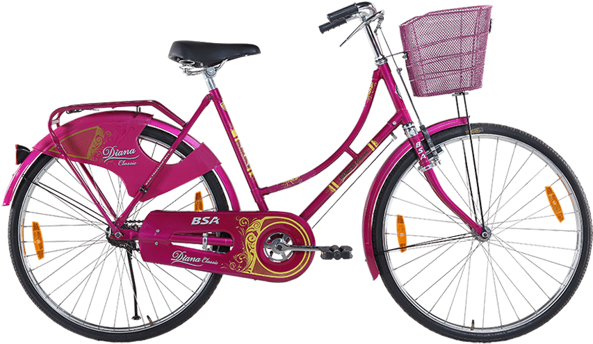 Purple B S A Ladies Bicyclewith Basket PNG Image