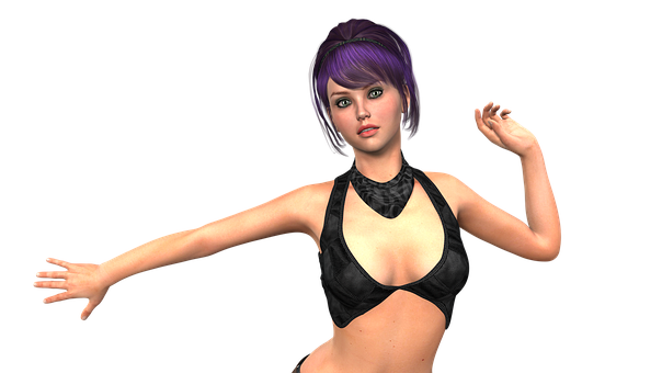 Purple Haired3 D Character Black Outfit PNG Image