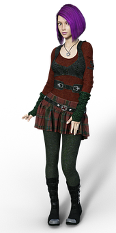 Purple Haired3 D Characterin Plaid Outfit PNG Image