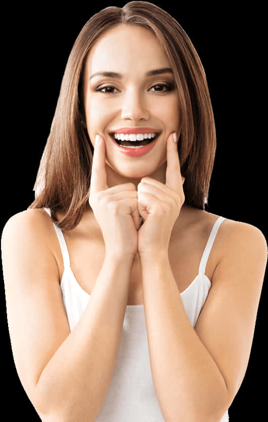 Radiant Smile Woman Pointing Cheeks PNG Image