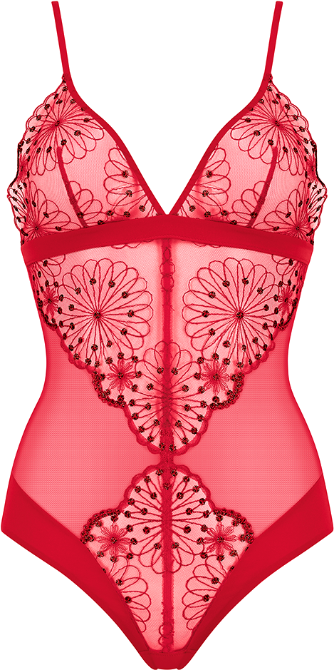 Red Embroidered Mesh Bodysuit Lingerie PNG Image