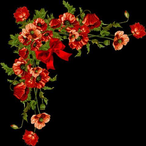 Red Floral Corner Designwith Bow PNG Image