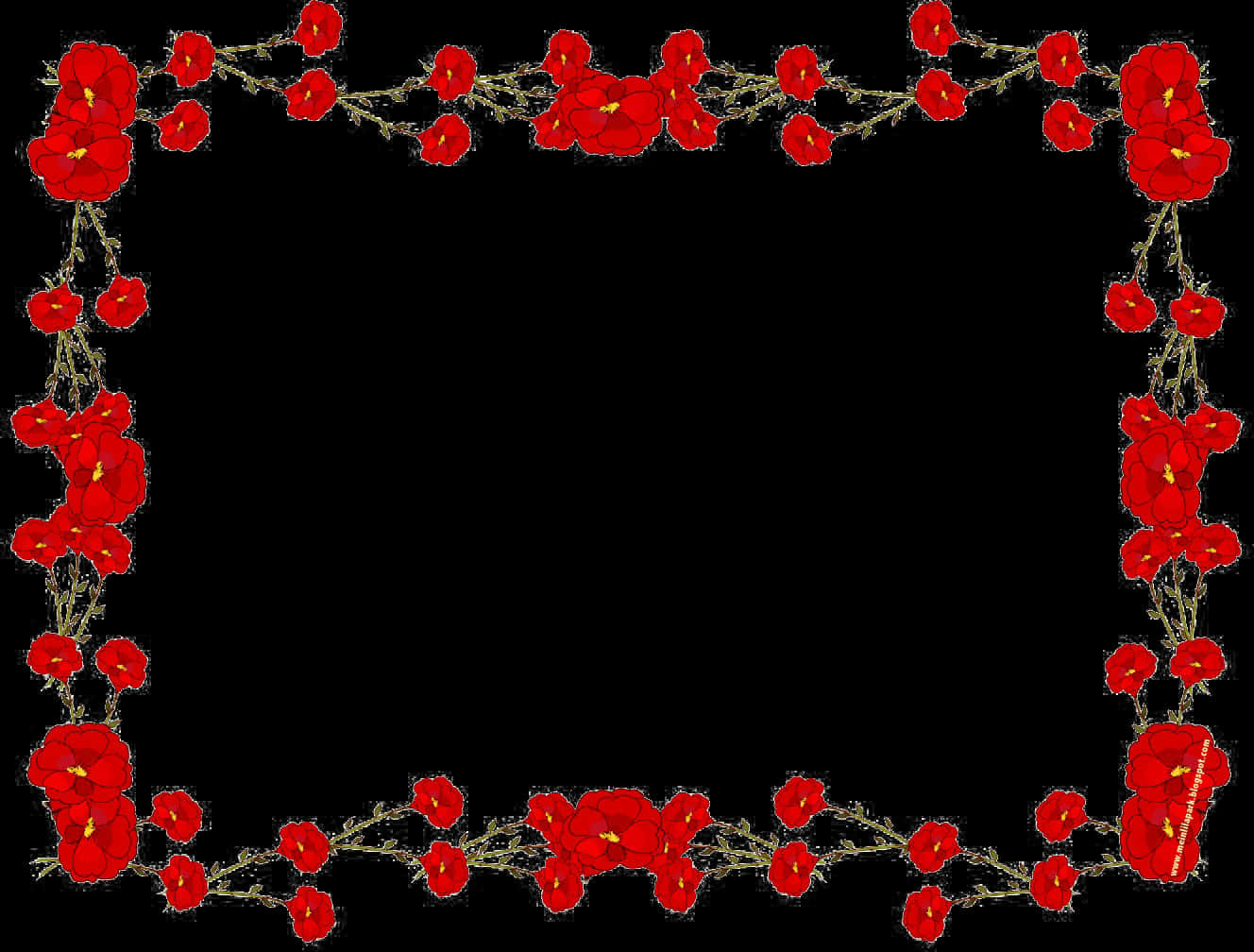 Red Floral Frameon Black Background PNG Image