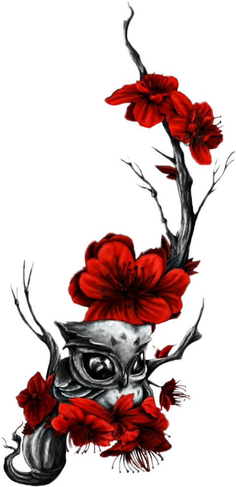 Red Flowersand Owl Tattoo Design PNG Image