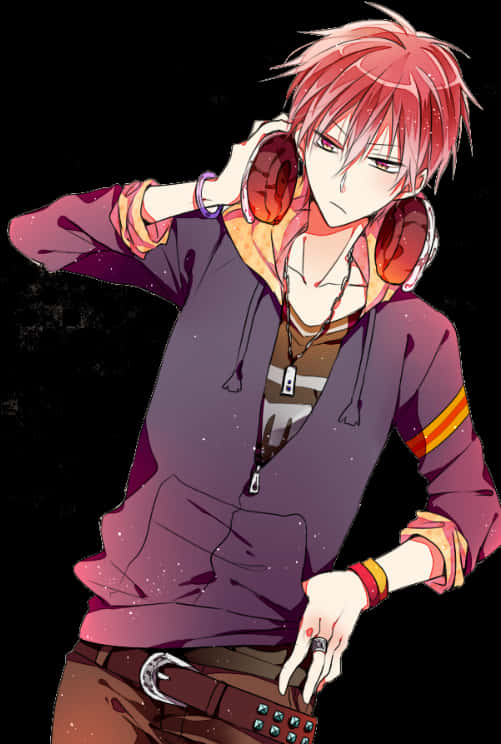 Red Haired Anime Boywith Headphones PNG Image