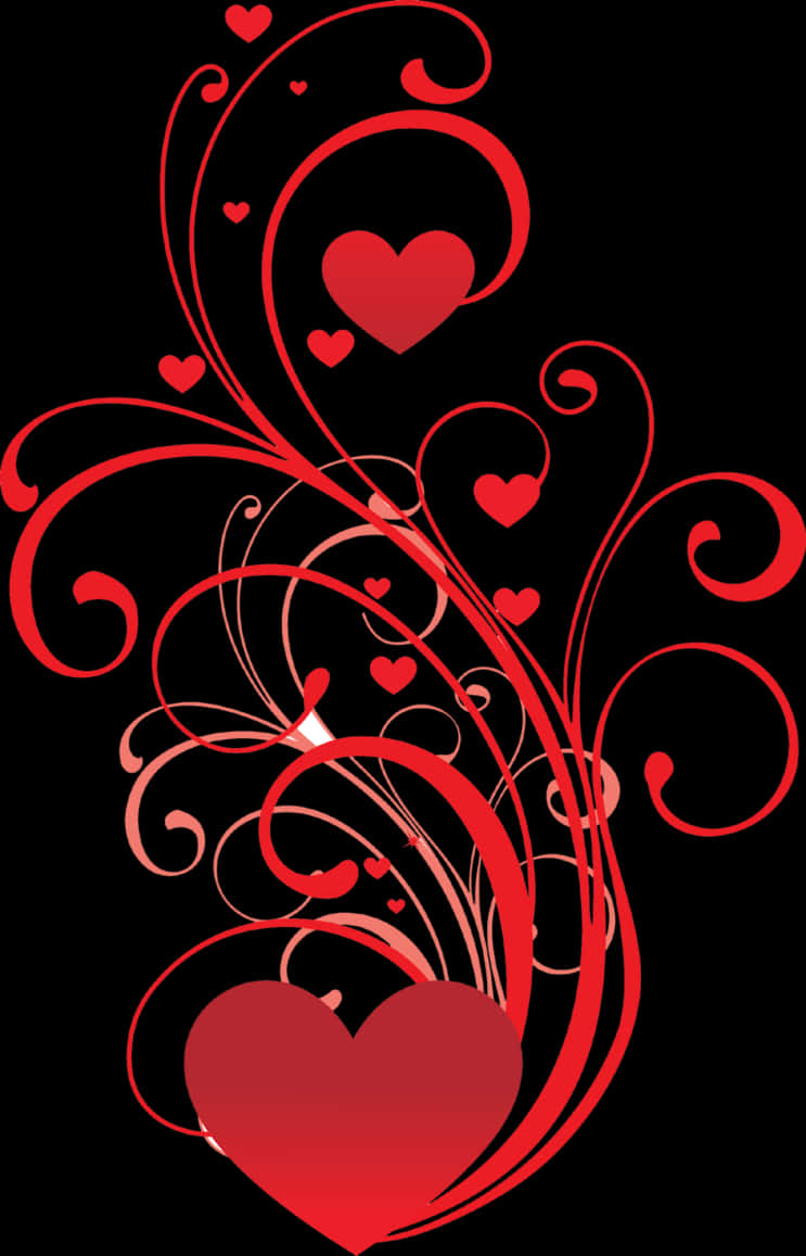 Red Heart Swirls Black Background PNG Image