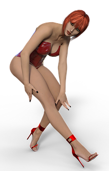 Redhead Modelin Red Swimwearand Heels PNG Image