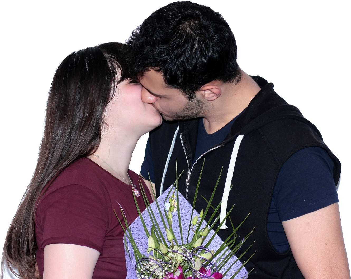 Romantic Couple Kissing With Flowers PNG Image