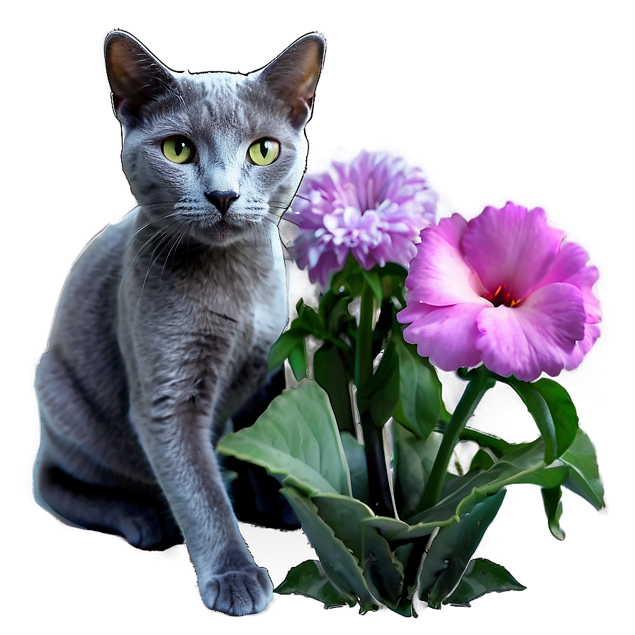 Russian Blue Cat And Flowers Png Wob PNG Image