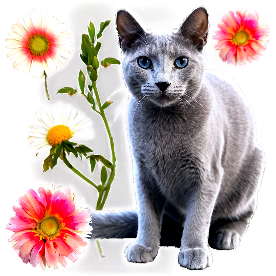 Russian Blue Cat And Flowers Png Yoq PNG Image