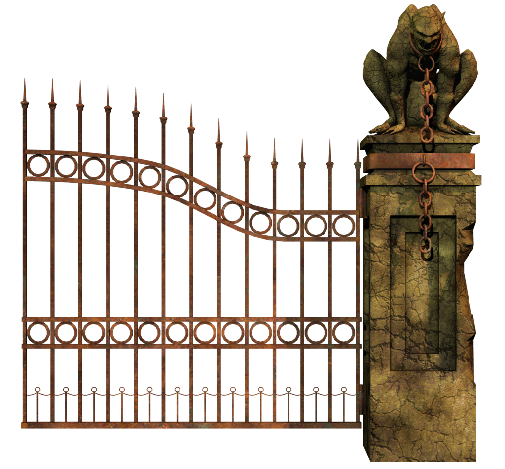 Rusty Iron Gatewith Gargoyle Pillar PNG Image