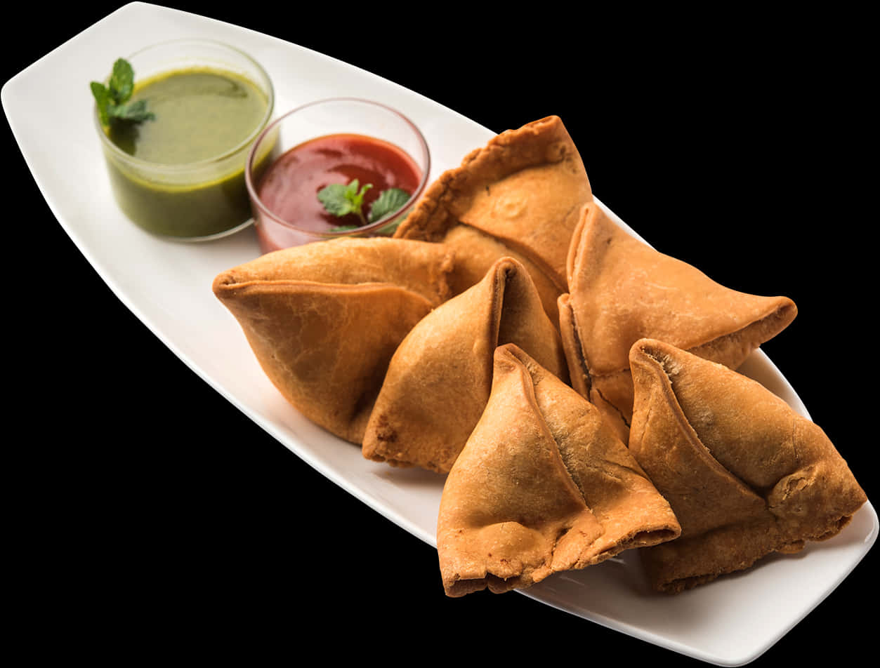 Samosaswith Dipping Sauces PNG Image