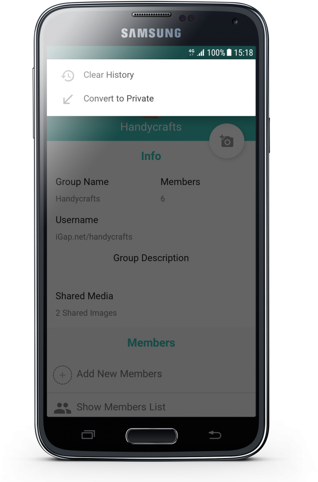 Samsung Smartphone Displaying Group Chat Options PNG Image