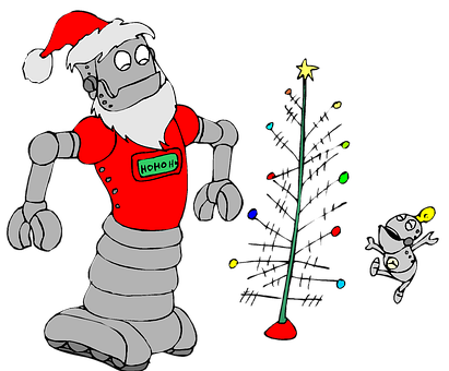 Santa Robot Decorating Christmas Tree PNG Image