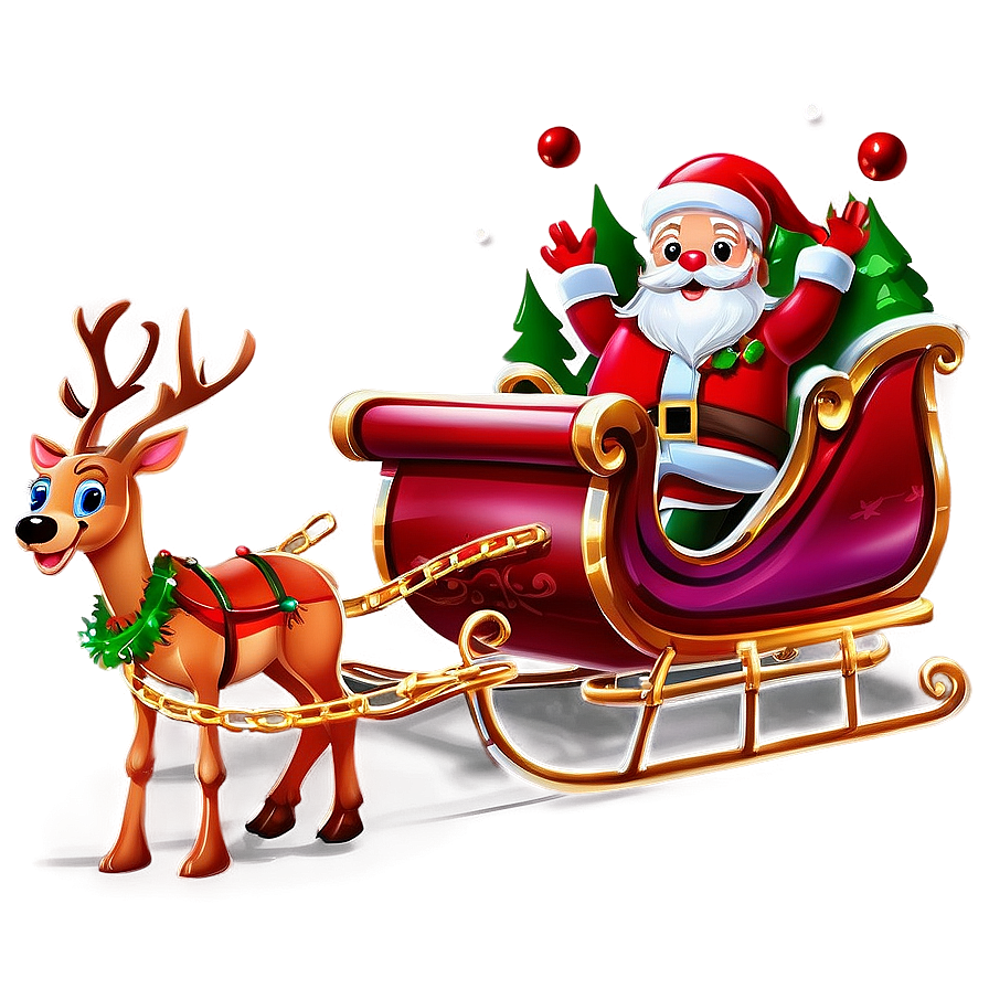 Santa Sleigh And Reindeer With Christmas Tree Png Mru PNG Image