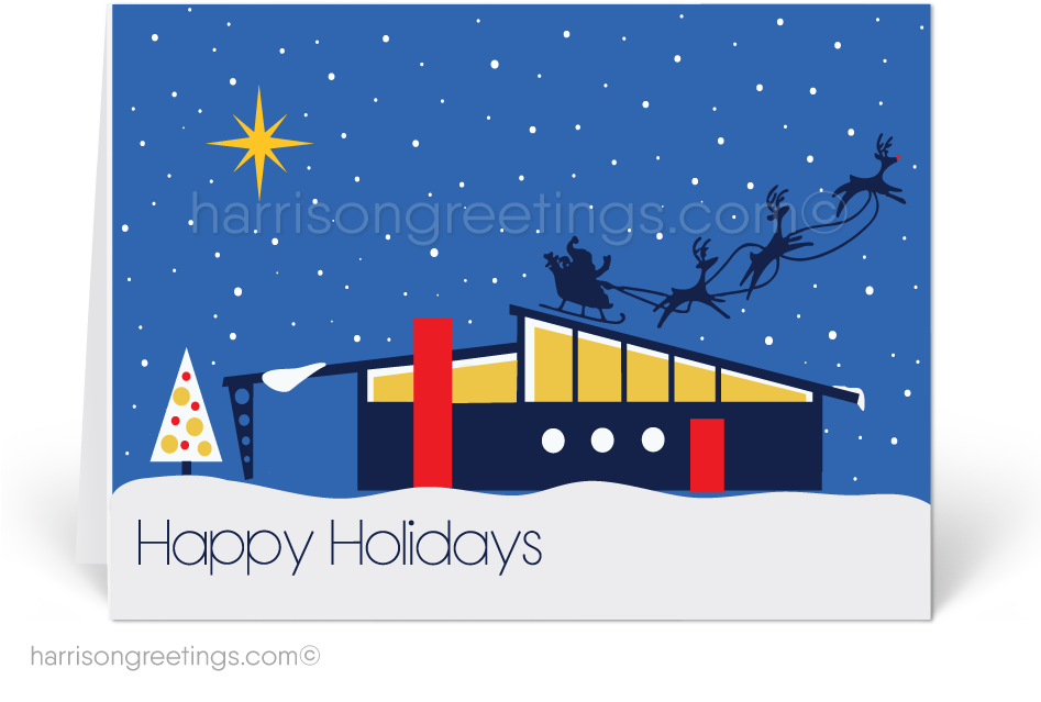 Santa Sleigh Over Modern Building Holiday Card PNG Image