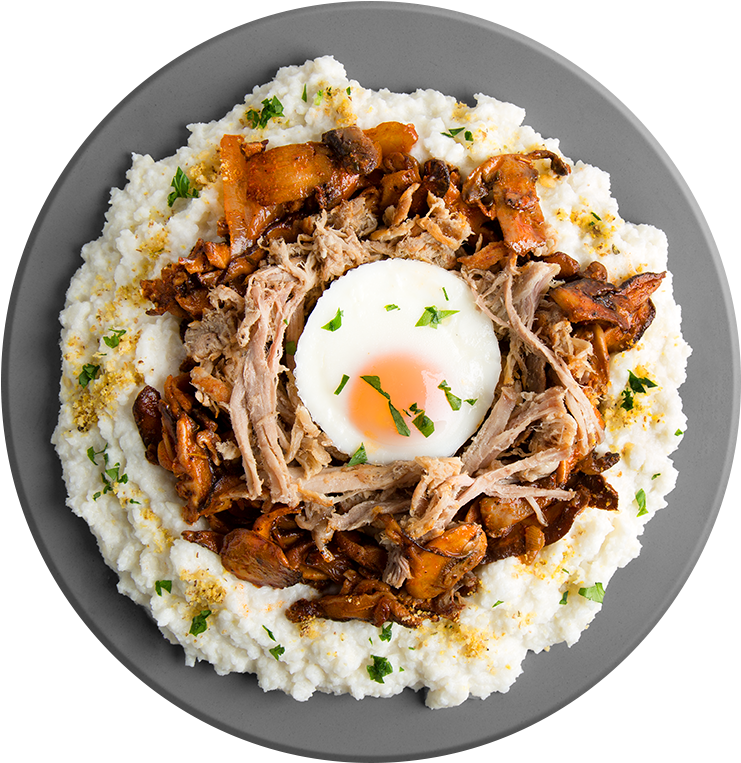 Savory Pulled Pork Fried Egg Grits PNG Image