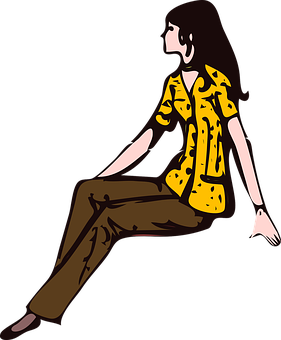 Seated Cartoon Girl Yellow Top Brown Pants PNG Image