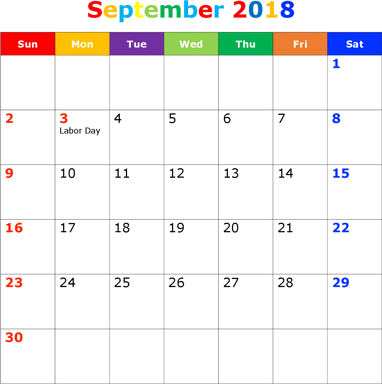 September2018 Calendar PNG Image