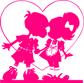 Silhouette Kids Kissing Heart Background PNG Image