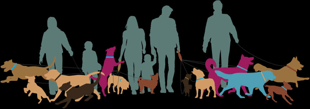 Silhouetted Peopleand Dogs Walking PNG Image