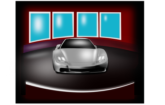 Silver Sports Car Showroom Display PNG Image