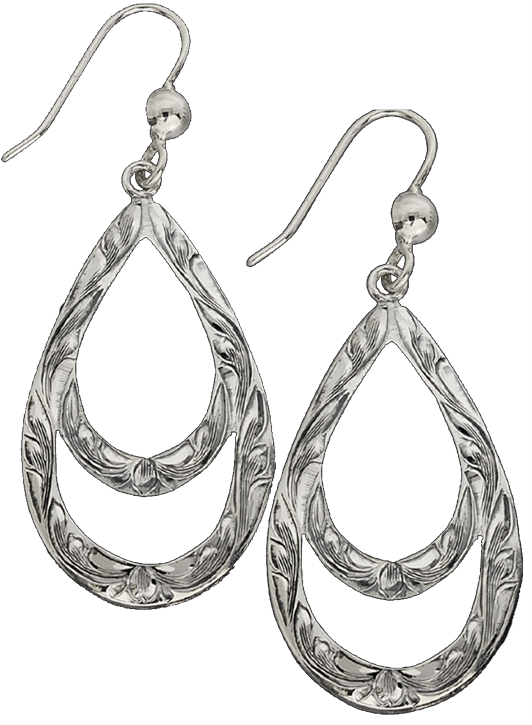 Silver Teardrop Earrings Floral Design PNG Image