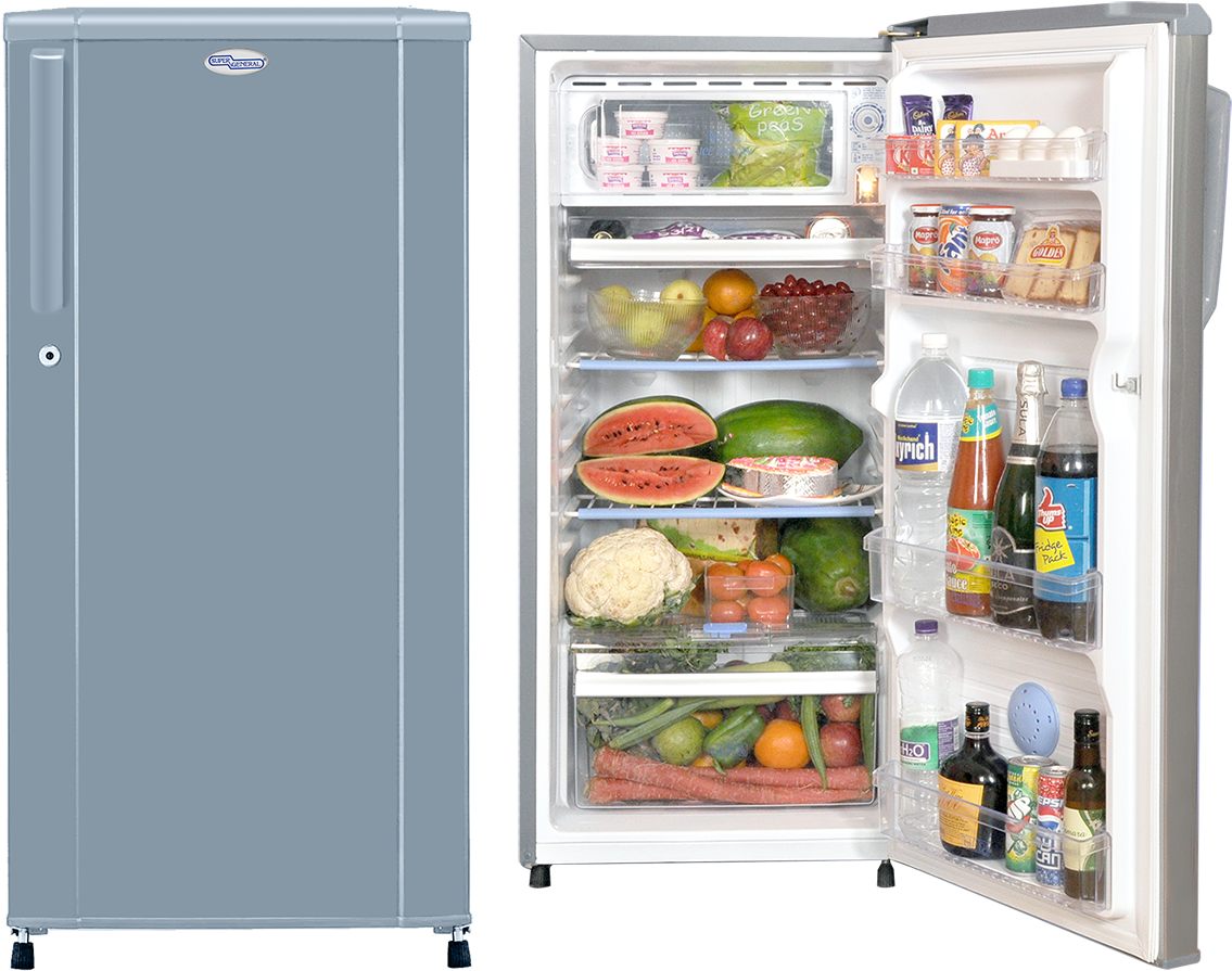 Single Door Refrigerator Fullof Food Items PNG Image