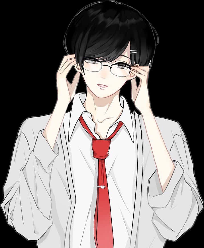 Smart Anime Boy Adjusting Glasses PNG Image