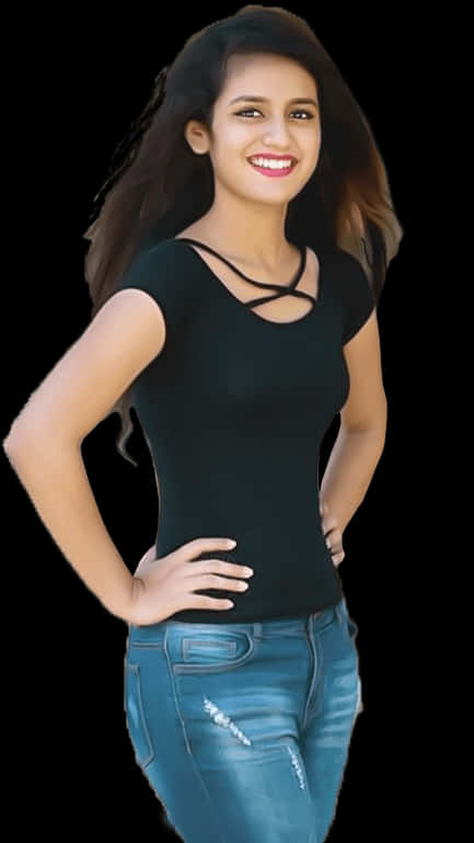 Smiling Girlin Black Topand Jeans PNG Image