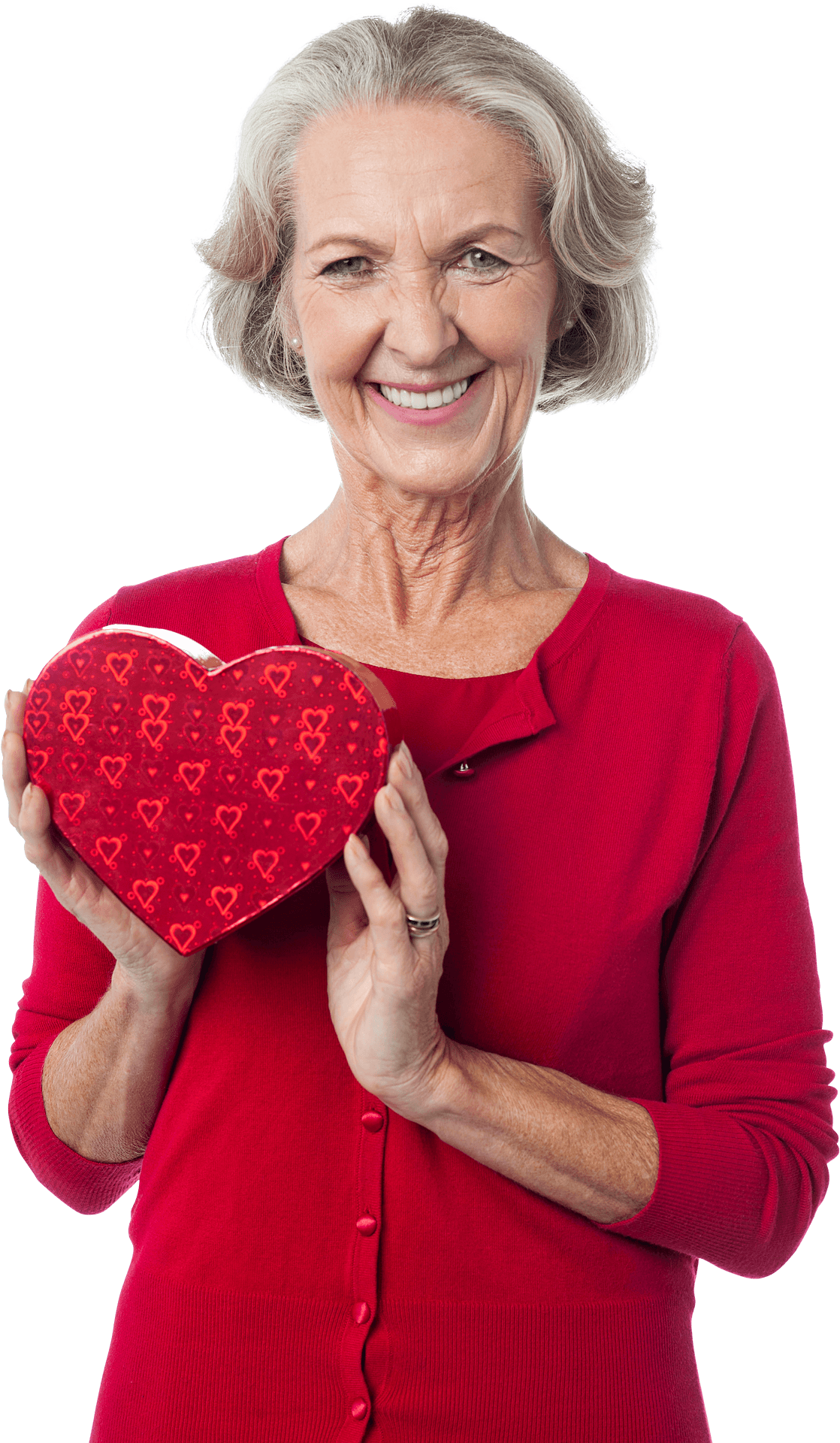 Smiling Grannywith Heart Shaped Box PNG Image