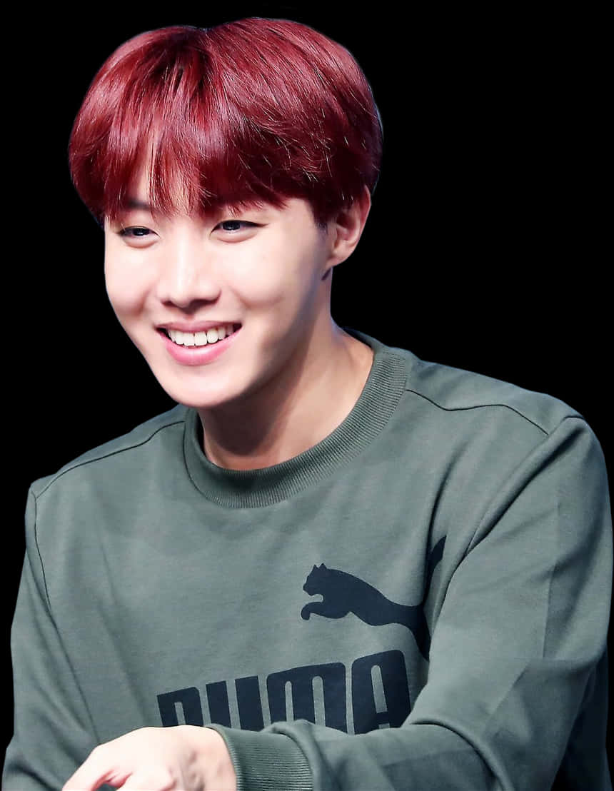 Smiling K Pop Artistin Green Puma Sweatshirt PNG Image