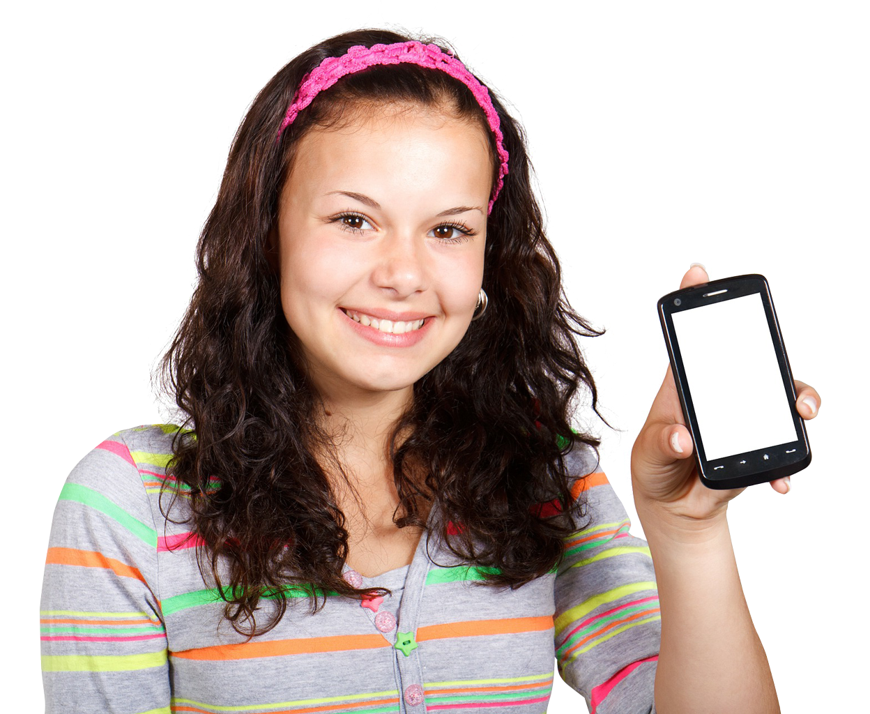 Smiling Teen Girl Holding Smartphone PNG Image