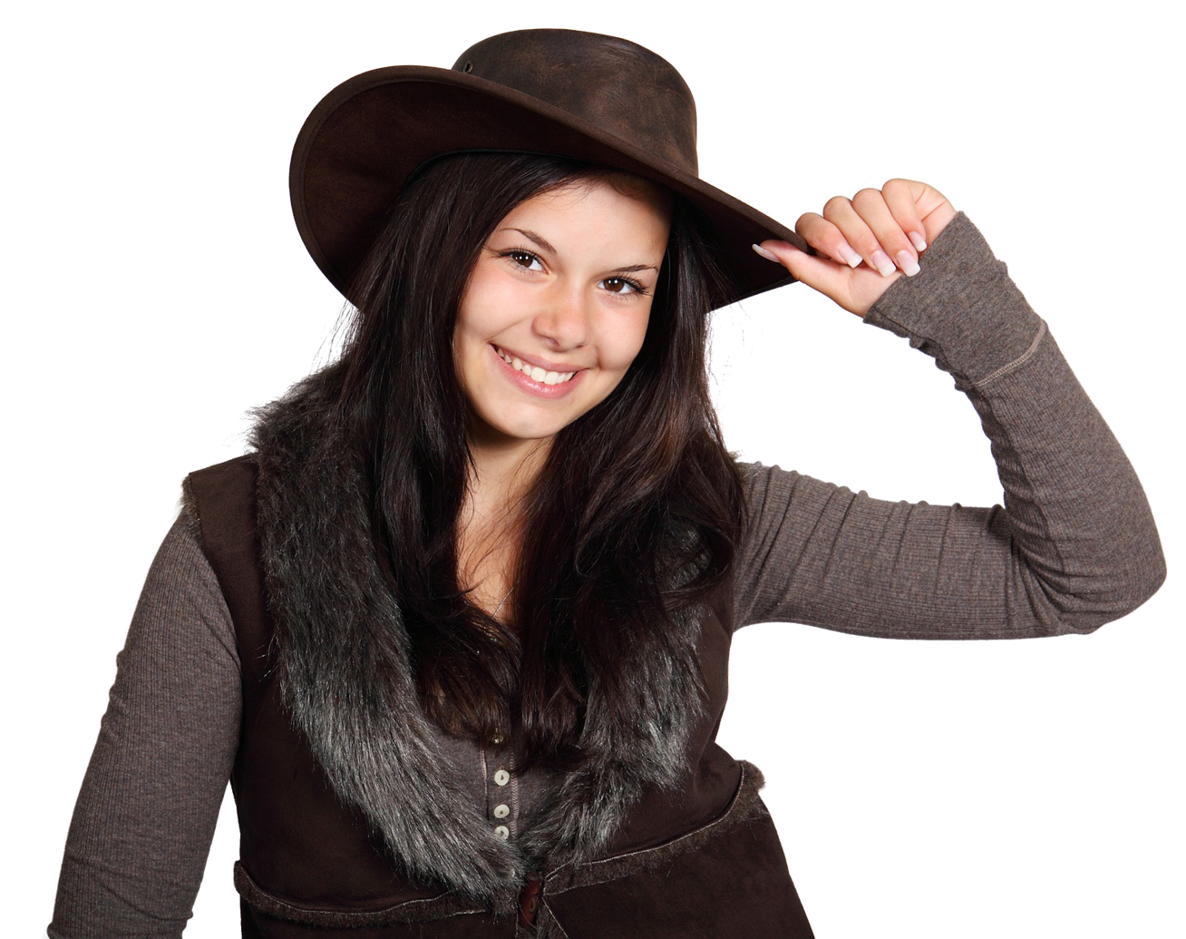 Smiling Woman Tipping Hat PNG Image