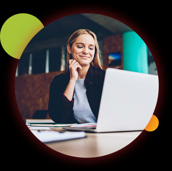 Smiling Woman Using Laptop PNG Image