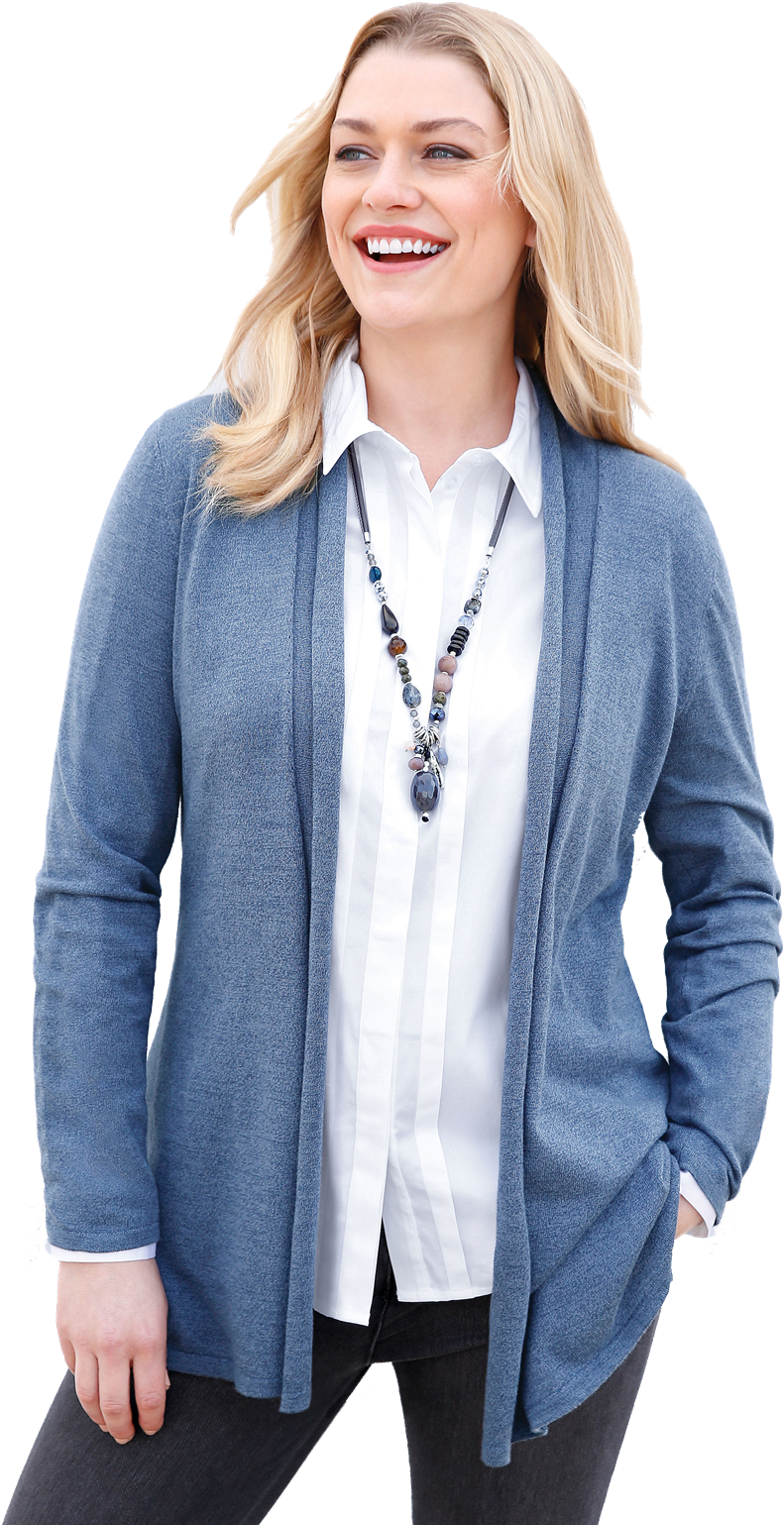 Smiling Womanin Blue Cardiganand White Shirt PNG Image