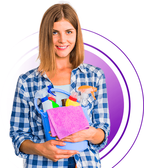 Smiling Womanwith Cleaning Supplies PNG Image