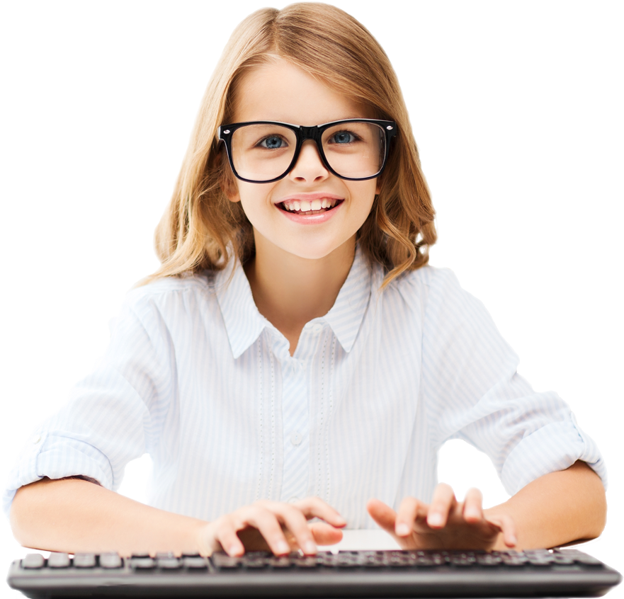 Smiling Young Girl With Glasses Using Keyboard PNG Image